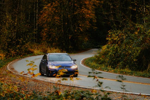A blue car navigating a scenic winding road surrounded by autumn foliage.